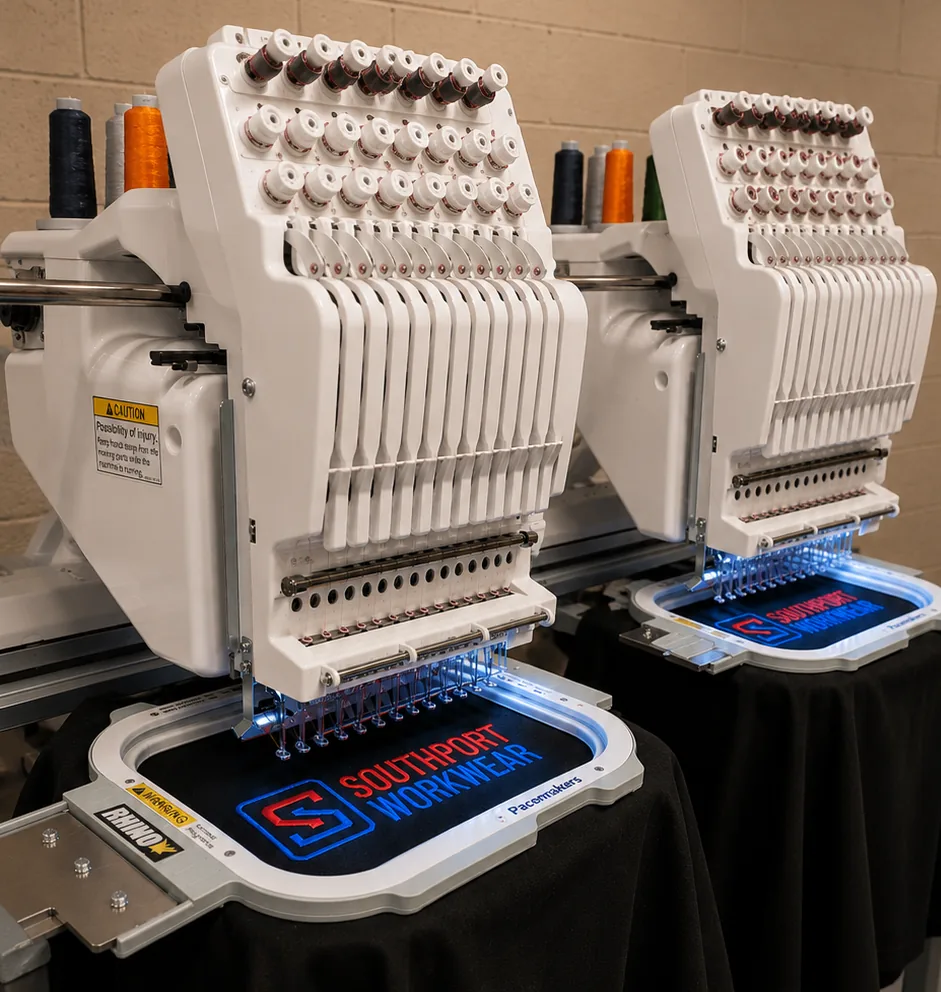 Southport Workwear embroidery machines stitching a Southport Workwear logo onto a garment