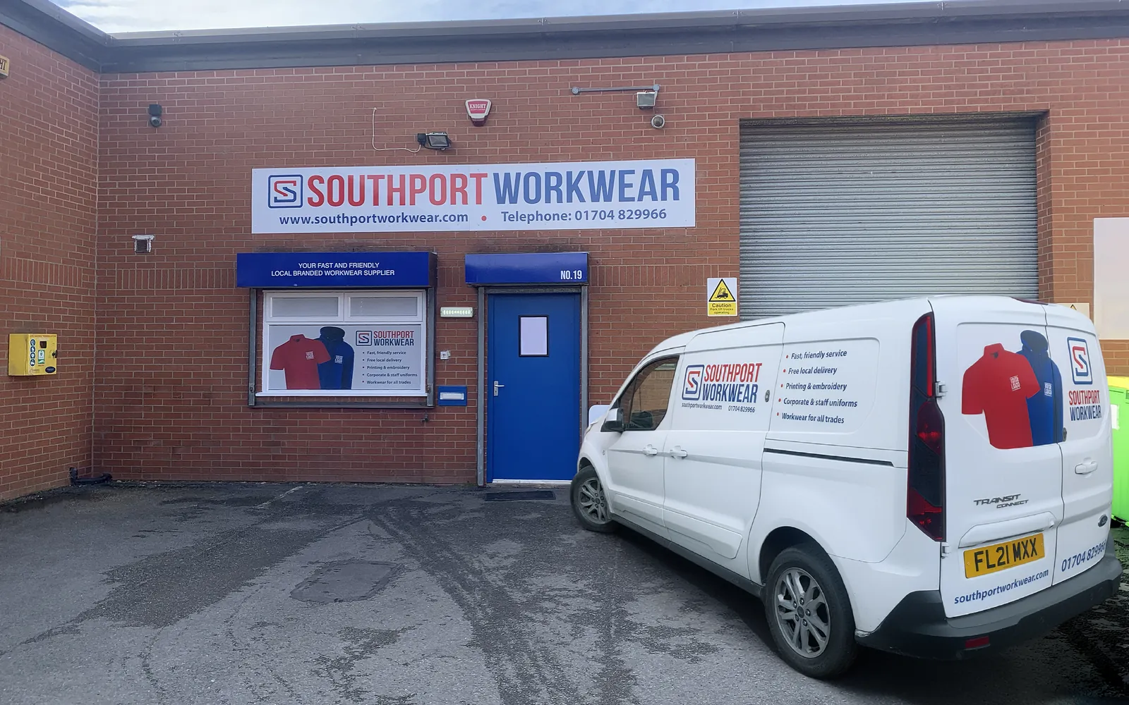 Southport Workwear premises and branded delivery van at Unit 19 near Southport