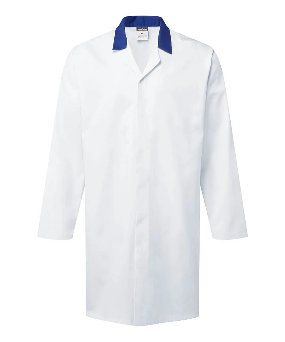 Portwest 2210 Food Industry No Pocket Coat in White/Royal Blue