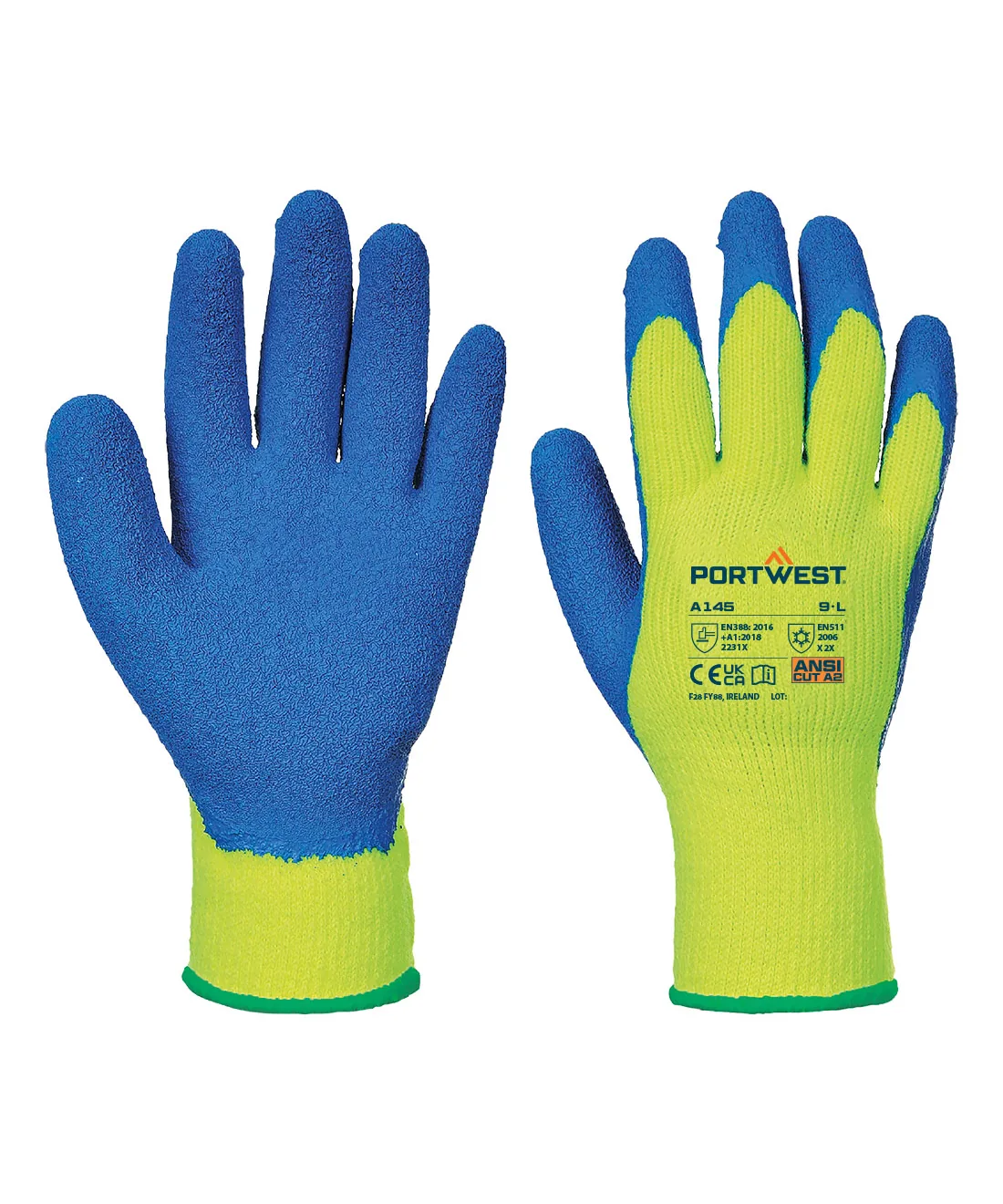 Portwest A145 Cold 7 Latex Crinkle Glove 12-Pack in Yellow/Blue