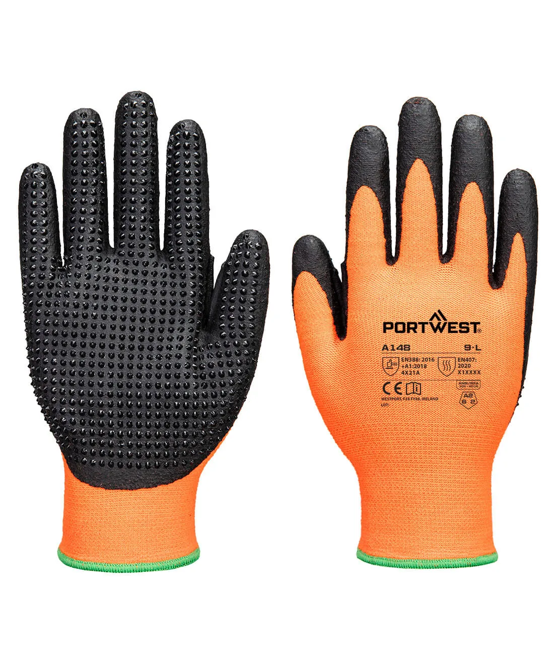 Portwest A148 Grip 13 Nitrile High Dotted Glove 12-Pack in Orange/Black