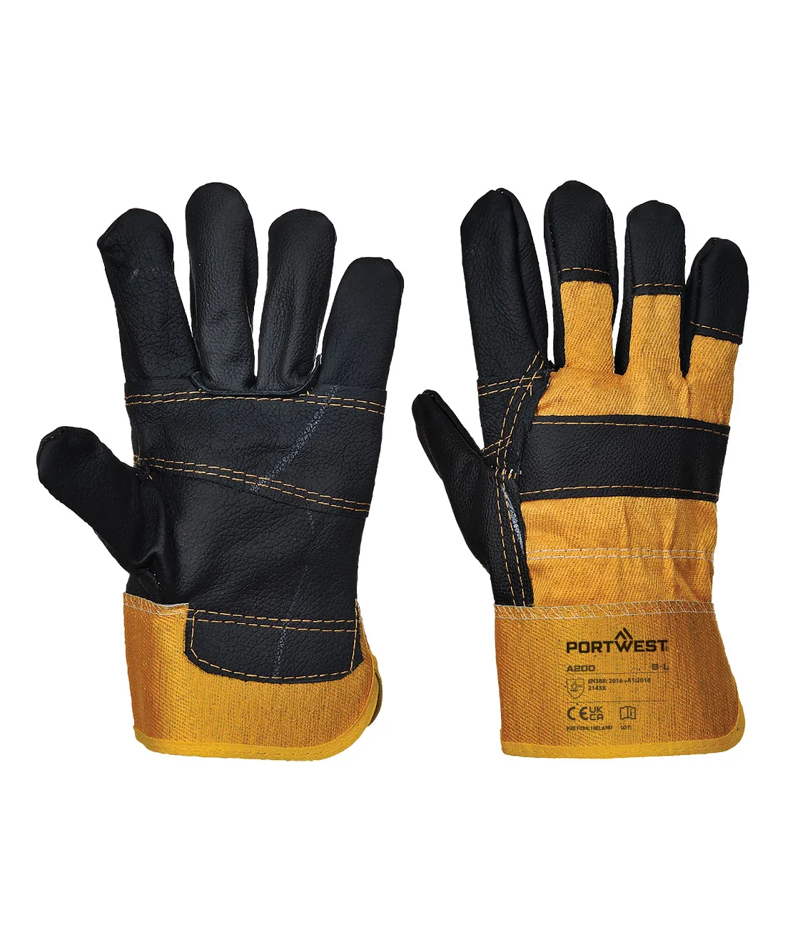 Portwest A200 Leather Rigger 270 Cow Grain Palm Bar Glove 12-Pack in Yellow