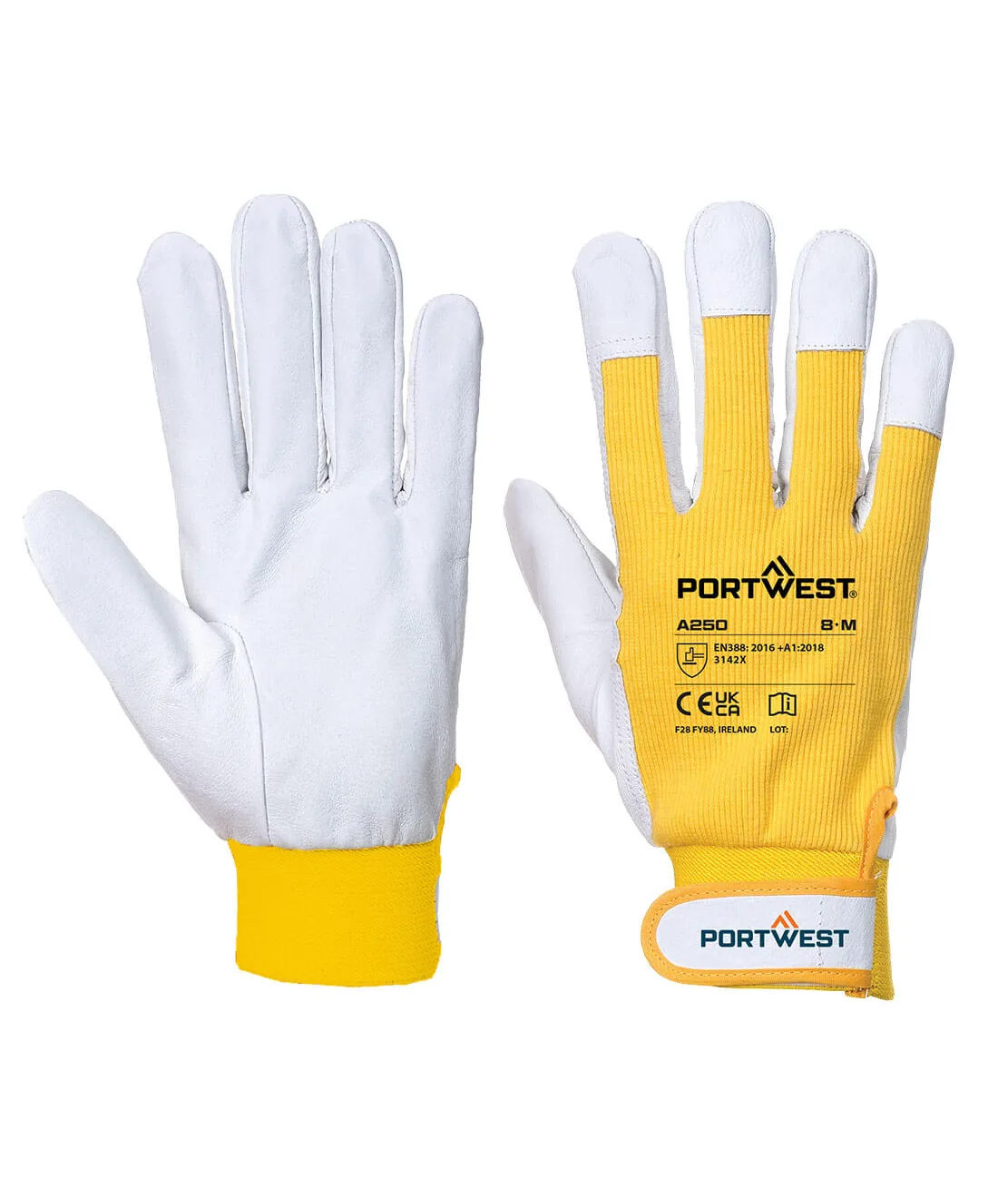 Portwest A250 Leather 110 Grain Palm Mechanical Glove 12-Pack in Yellow