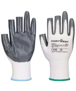 Portwest A311 Grip 13 Nitrile 3 Fingerless Glove (Pk 12) in White/Grey