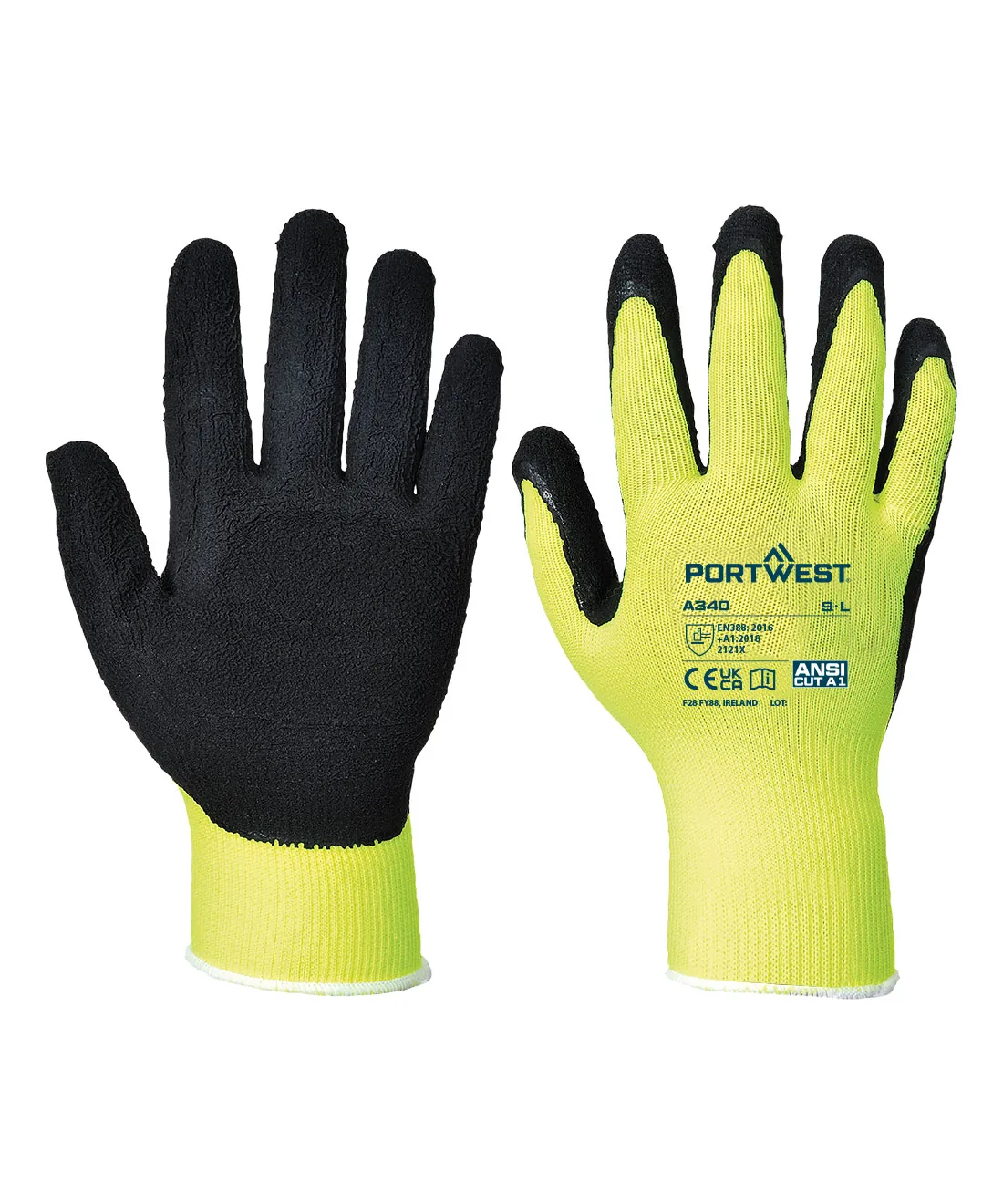 Portwest A340 Grip 13 Latex Foam Hi-Vis Glove 12-Pack in Yellow