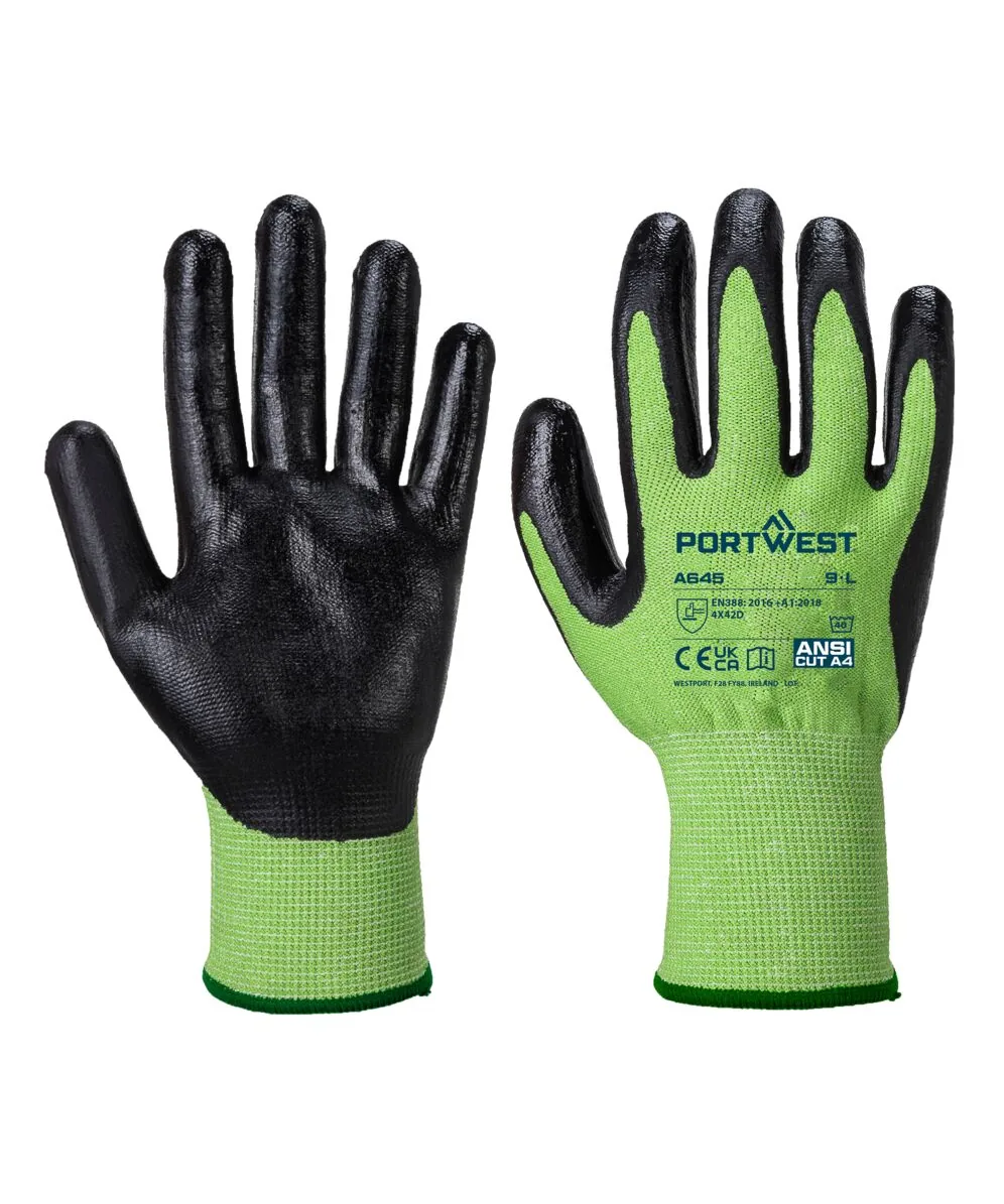 Portwest A645 Cut D13 Nitrile Green Glove in Green/Black