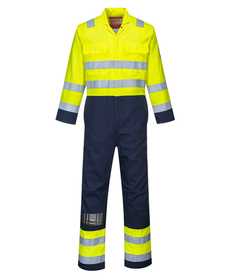 Portwest BIZ7 Bizflame Work Hi-Vis Contrast FR Coverall in Yellow/Navy