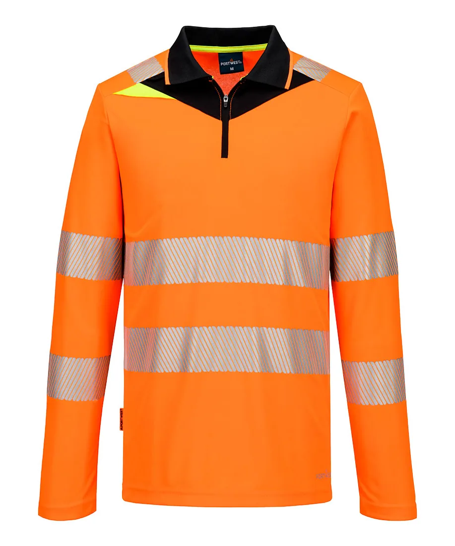 Portwest DX419 DX4 Hi-Vis Zip Polo Shirt Long Sleeve in Orange/Black