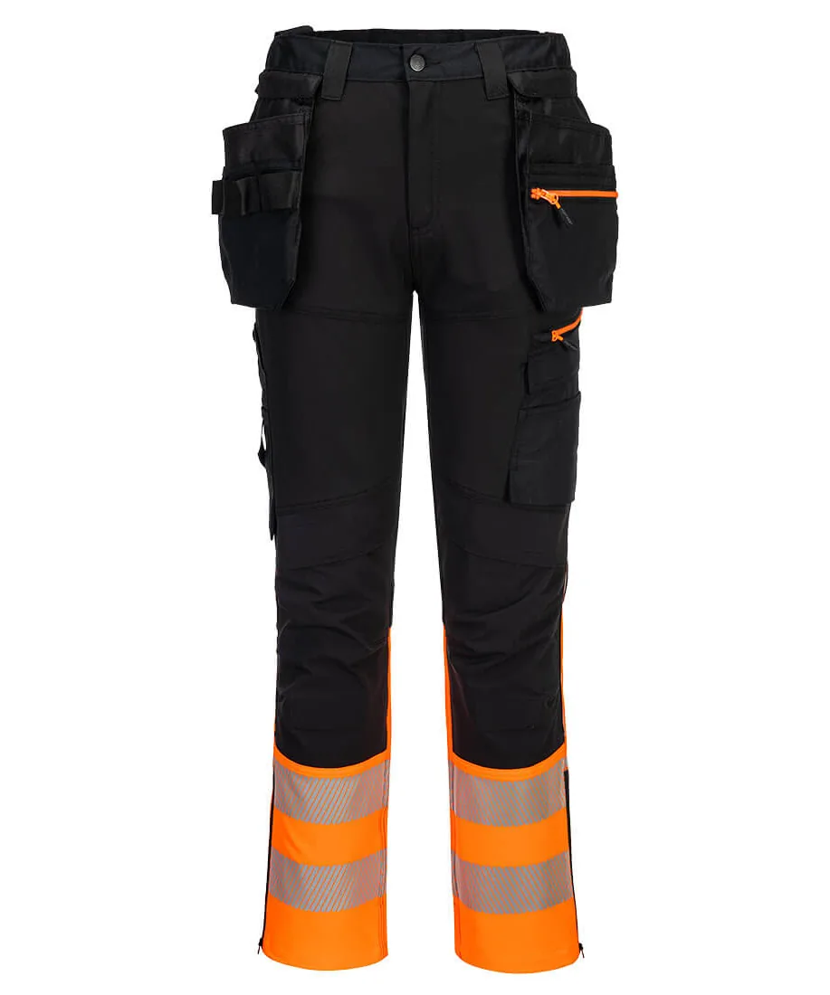 Portwest DX457 DX4 Hi-Vis Class 1 Detachable Holster Pocket Craft Trousers in Orange/Black