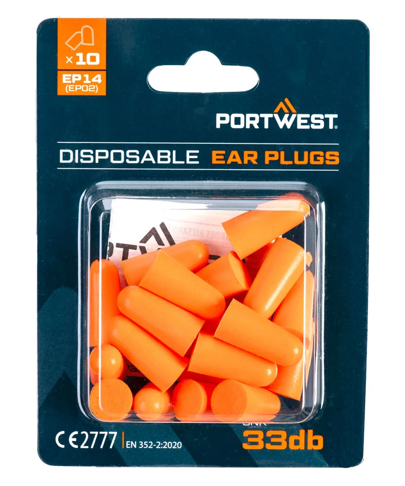 Portwest EP14 PU Foam Ear Plugs Blister Pack 10-Pair Pack in Orange