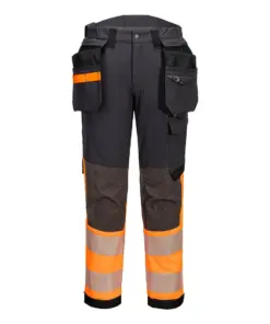 Portwest EV442 EV4 Hi-Vis Stretch Detachable Holster Class 1 Trousers in Orange/Metal Grey