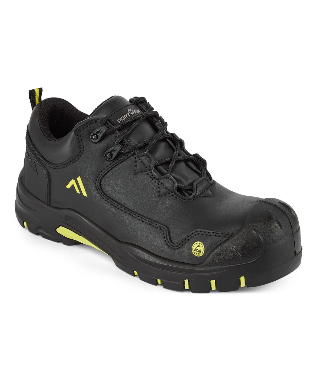 Portwest FC19 Composite Action Leather Low Shoe S3S ESD HRO SR SC FO in Black/Yellow