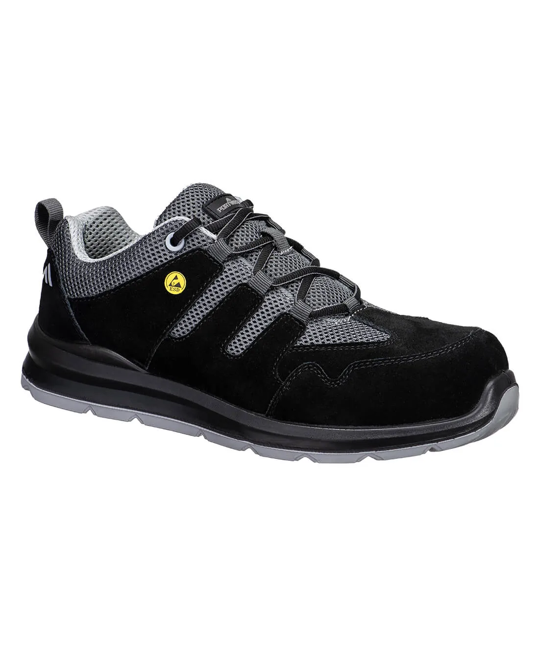 Portwest FE07 Composite Cow Suede Leather Trainer S1 ESD SR FO in Black/Grey