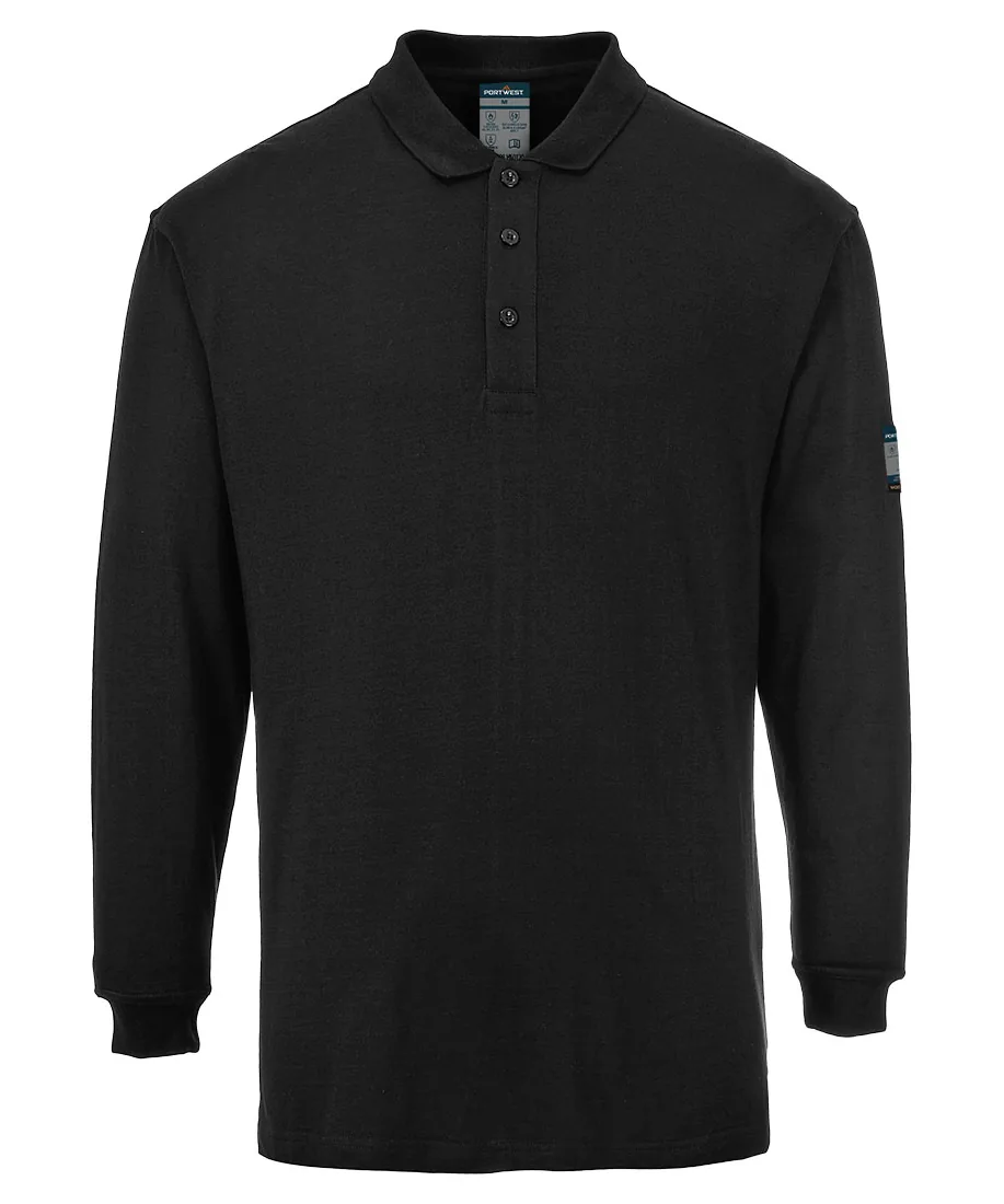 Portwest FR10 Modaflame Knit FR Long Sleeve Polo Shirt in Black