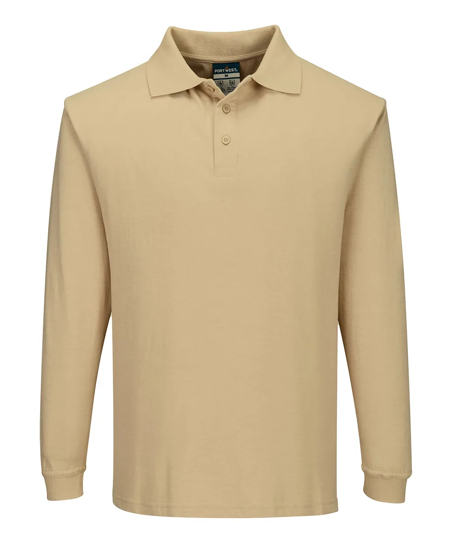 Portwest FR10 Modaflame Knit FR Long Sleeve Polo Shirt in Tan