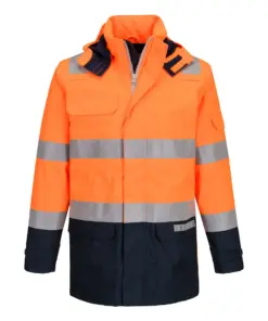 Portwest FR605 Bizflame Rain+ Hi-Vis Multi-Norm Contrast FR Jacket in Orange/Navy