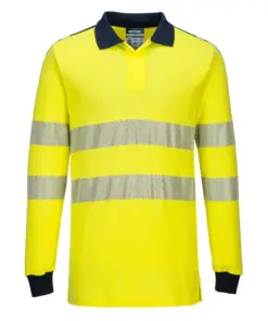 Portwest FR702 PW3 Modaflame Knit Hi-Vis FR Long Sleeve Polo Shirt in Yellow/Navy