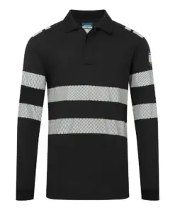 Portwest FR733 PW3 Modaflame Knit FR Long Sleeve Polo Shirt in Black