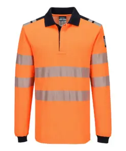 Portwest FR734 PW3 Modaflame Knit HVO FR Long Sleeve Polo Shirt in Orange/Navy