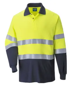 Portwest FR74 Modaflame Knit Hi-Vis Contrast FR Long Sleeve Polo Shirt in Yellow/Navy
