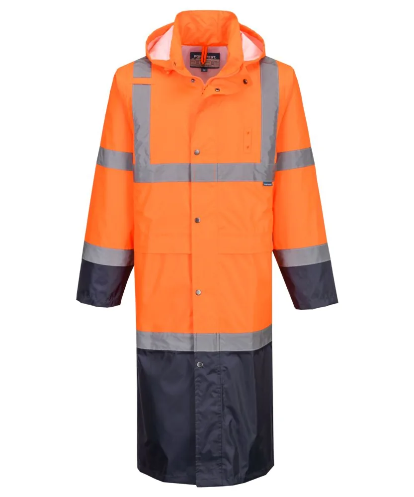 Portwest H446 Hi-Vis Contrast Raincoat 122cm in Orange/Navy