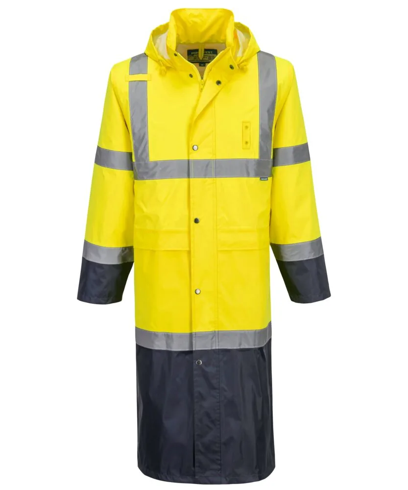 Portwest H446 Hi-Vis Contrast Raincoat 122cm in Yellow/Navy