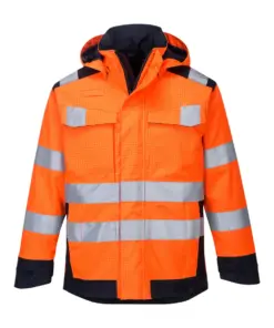 Portwest MV70 Modaflame Rain+ Hi-Vis Multi-Norm Contrast FR Jacket in Orange/Navy