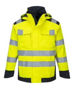 Portwest MV70 Modaflame Rain+ Hi-Vis Multi-Norm Contrast FR Jacket in Yellow/Navy