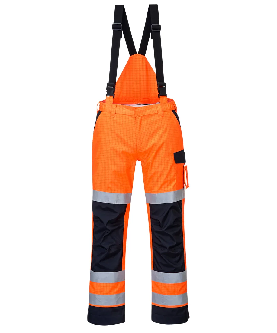 Portwest MV71 Modaflame Rain+ Hi-Vis Multi-Norm Contrast FR Trousers in Orange/Navy