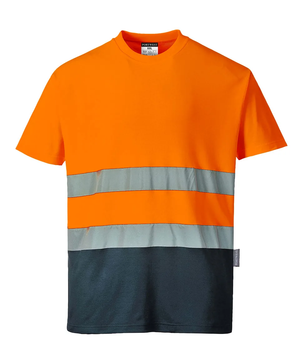 Portwest S173 Hi-Vis Cotton Comfort Contrast T-Shirt Short Sleeve in Orange/Navy