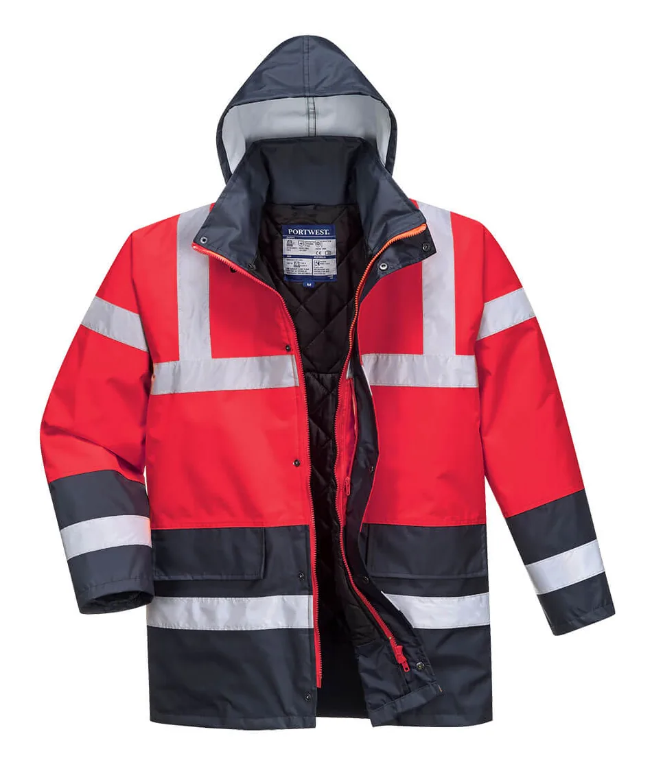 Portwest S466 Hi-Vis Contrast Winter Traffic Jacket in Red/Navy