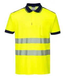 Portwest T180 PW3 Hi-Vis Cotton Comfort Polo Shirt Short Sleeve in Yellow/Navy