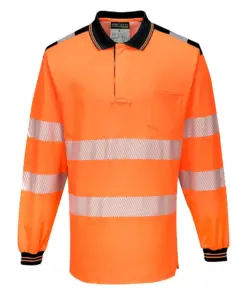 Portwest T184 PW3 Hi-Vis Cotton Comfort Polo Shirt Long Sleeve in Orange/Black