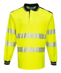 Portwest T184 PW3 Hi-Vis Cotton Comfort Polo Shirt Long Sleeve in Yellow/Black