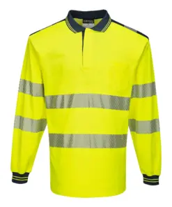 Portwest T184 PW3 Hi-Vis Cotton Comfort Polo Shirt Long Sleeve in Yellow/Navy