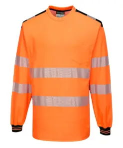 Portwest T185 PW3 Hi-Vis Cotton Comfort T-Shirt Long Sleeve in Orange/Black