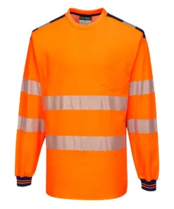 Portwest T185 PW3 Hi-Vis Cotton Comfort T-Shirt Long Sleeve in Orange/Navy