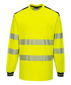 Portwest T185 PW3 Hi-Vis Cotton Comfort T-Shirt Long Sleeve in Yellow/Black