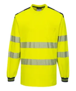Portwest T185 PW3 Hi-Vis Cotton Comfort T-Shirt Long Sleeve in Yellow/Navy