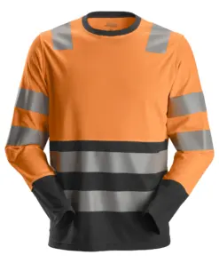 Snickers 2433 High-Vis Class 2 Long Sleeve T-Shirt in High Visibility Orange/Black