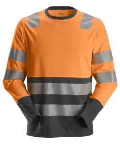 Snickers 2433 High-Vis Class 2 Long Sleeve T-Shirt in High Visibility Orange/Steel Grey