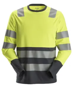 Snickers 2433 High-Vis Class 2 Long Sleeve T-Shirt in High Visibility Yellow/Steel Grey