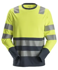 Snickers 2433 High-Vis Class 2 Long Sleeve T-Shirt in High Visibility Yellow/Navy