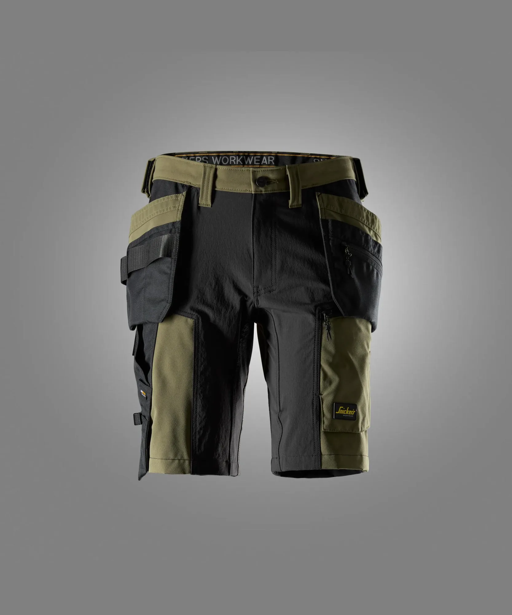 Snickers 6118 AllroundWork Stretch Shorts Holster Pockets in Khaki Green/Black