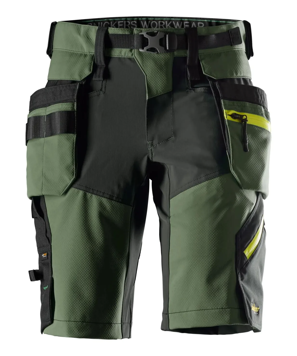 Snickers 6140 FlexiWork SoftShell Short Detachacble Holster Pockets in Khaki Green/Steel Grey