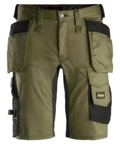 Snickers 6141 AllroundWork Stretch Shorts Holster Pockets in Khaki Green/Black