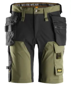 Snickers 6175 AllroundWork 4-Way Stretch Shorts Holster Pockets in Khaki Green/Black
