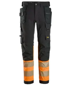 Snickers 6231 High-Vis Class 1 4-way Stretch Trousers Holster Pockets in Black/High Visibility Orange