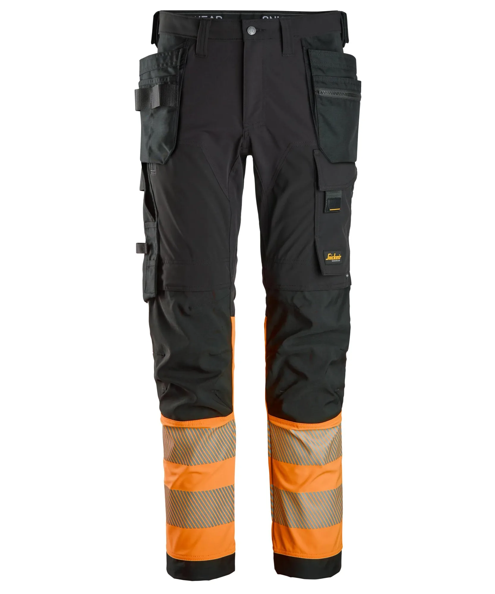 Snickers 6231 High-Vis Class 1 4-way Stretch Trousers Holster Pockets in Black/High Visibility Orange