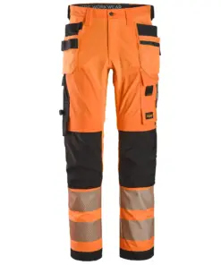 Snickers 6232 High-Vis Class 2 4-way Stretch Trousers Holster Pockets in High Visibility Orange/Black